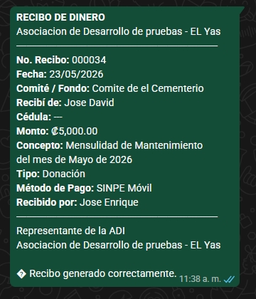 Comprobante de recibo enviado por WhatsApp